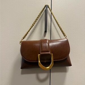 Charles and Keith Brown Leather Bag with Gold Chain and Long Straps